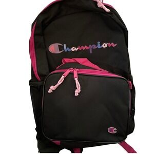 Champion Backpack with Detachable Lunch Box Black Pink‎ School Bag New